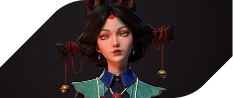 A character with cat-like ears and elaborate traditional attire adorned with colorful beads and a floral design.